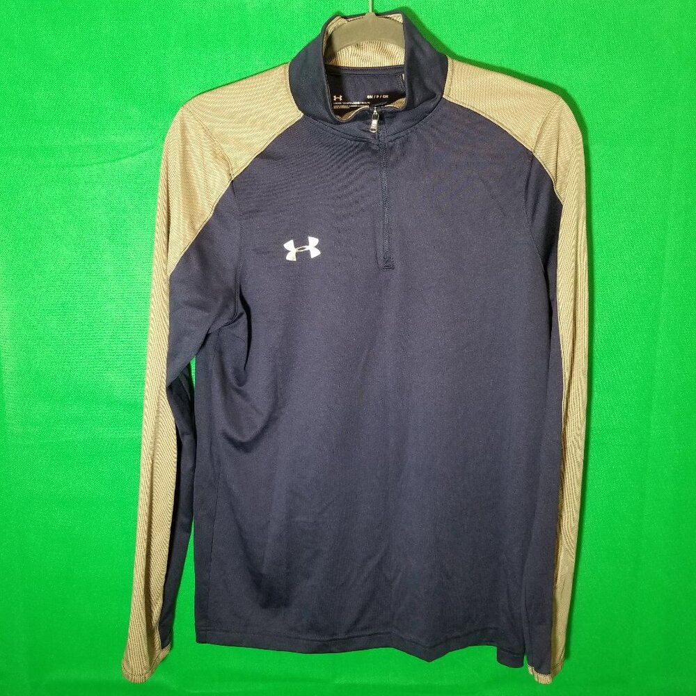 Under Armour Men Small Loose 1/4 Zip Long Sleeve Heatgear Navy Tan‎